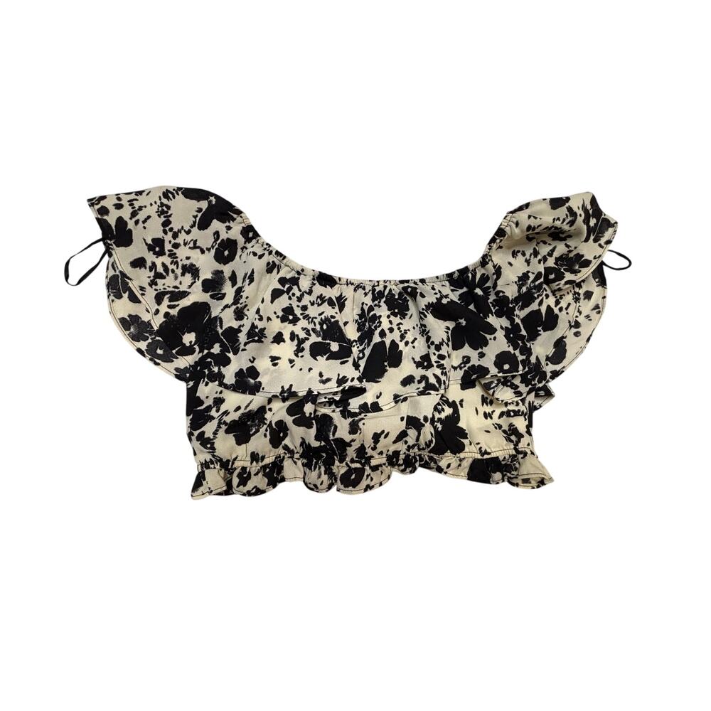 Hommage Los Angeles Black & Cream Floral Ruffle Crop Top Blouse SZ SM